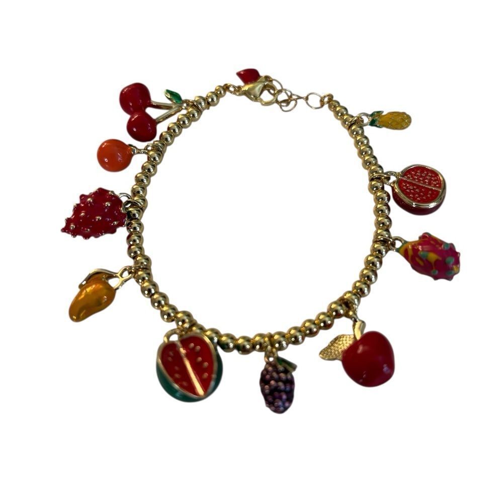 Colorful & Fun Fruit Charm Bracelet w/ Enamel and Crystal Accents.